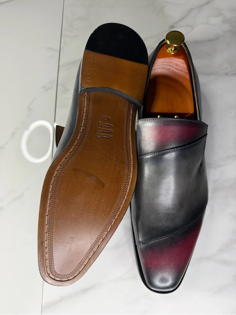 Men's Black Leather Slip-On Loafers with Burgundy Patina